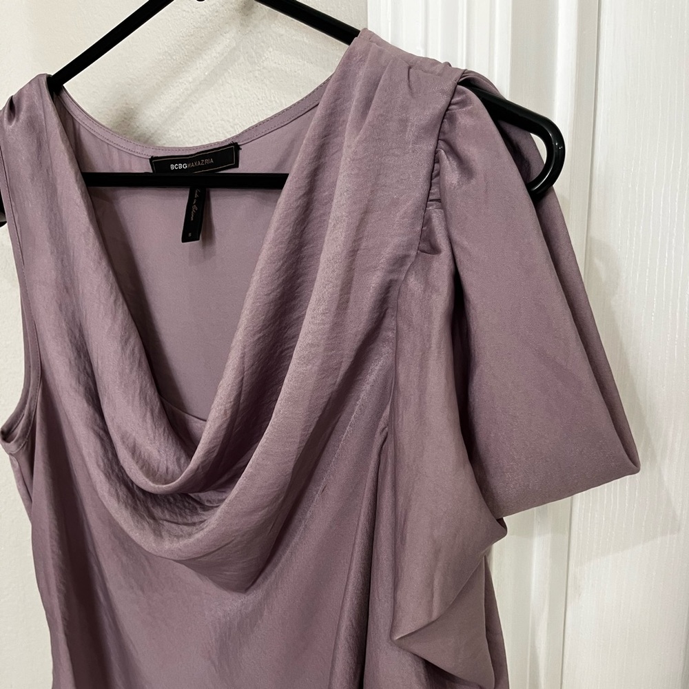 BCBG size small ruched, purple blouse - feels like silk Cal neck